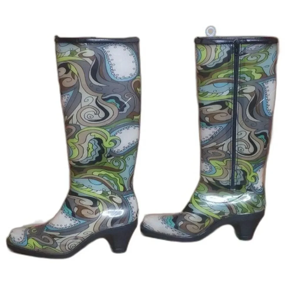 Dav Green and Blue Paisley Print Rain Boots Womens Size Large  8-9